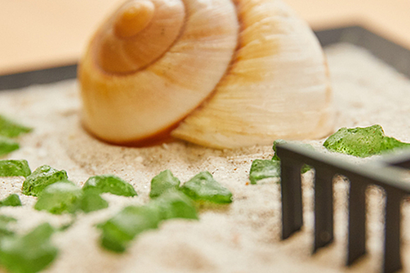 Bild zeigt einen Mini-Zen-Garten mit Sand